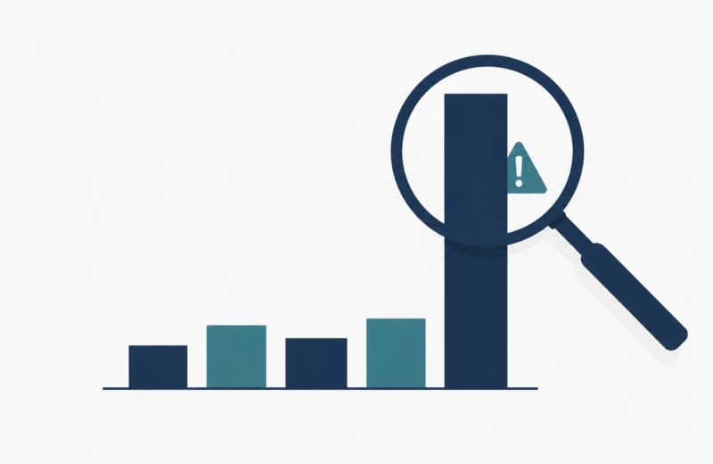 Magnifying glass inspecting a bar chart, illustrating how misleading accuracy metrics hide in data science portfolios