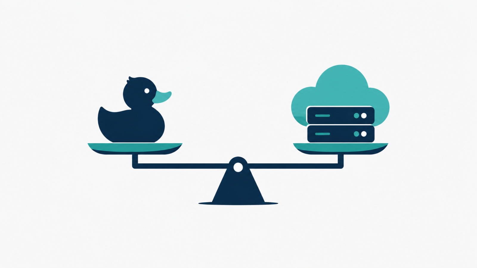 Illustration comparing a lightweight local database and a cloud data warehouse on a balance scale
