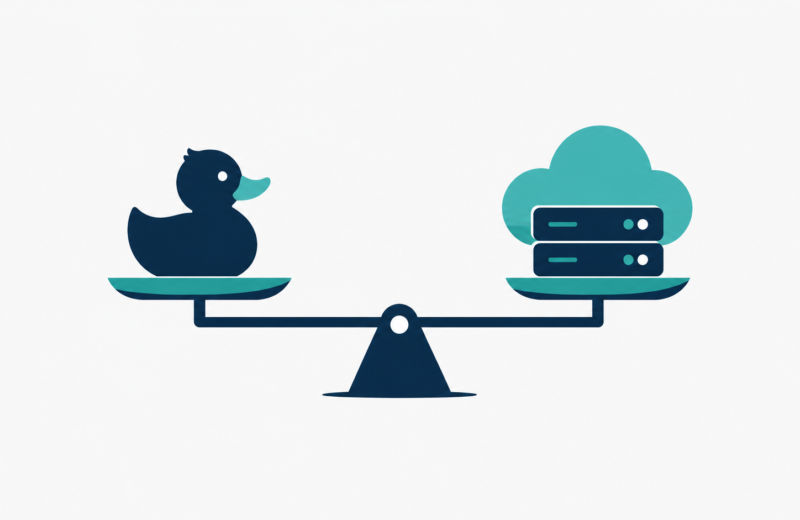 Illustration comparing a lightweight local database and a cloud data warehouse on a balance scale