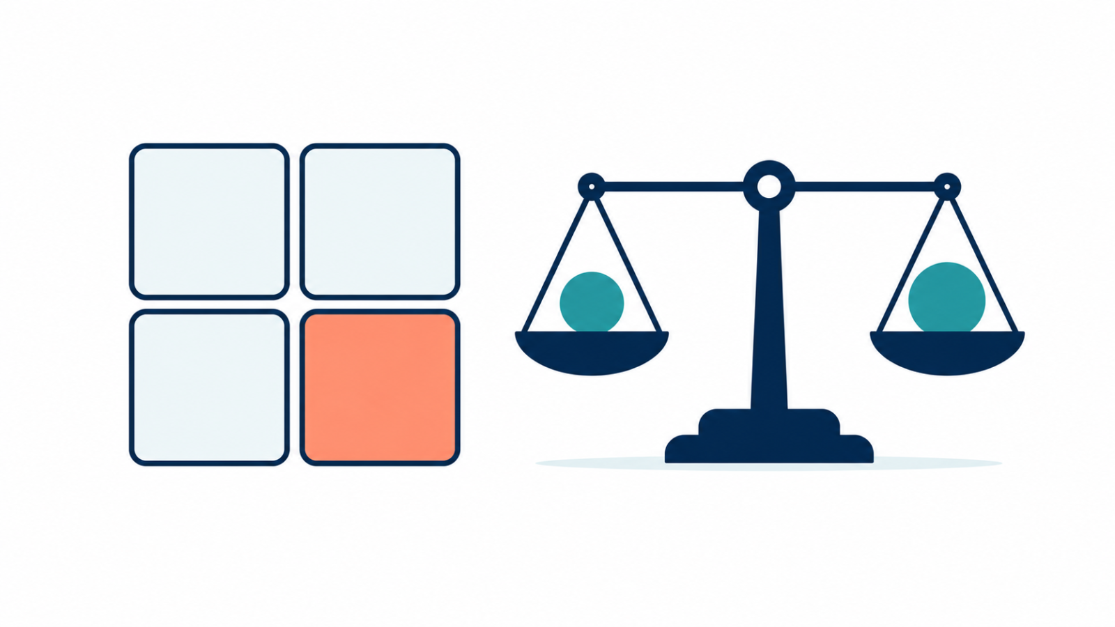 Illustration of a confusion matrix grid with a highlighted cell and a balance scale representing cost tradeoffs