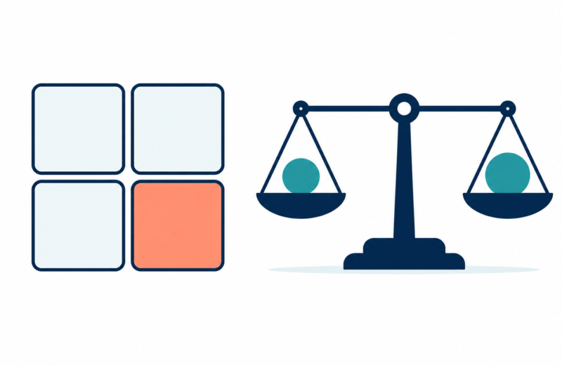 Illustration of a confusion matrix grid with a highlighted cell and a balance scale representing cost tradeoffs