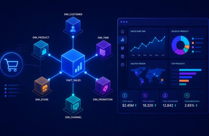 Illustration for the Olist e-commerce analytics engineering project, showing a dbt star schema on DuckDB with a Streamlit dashboard