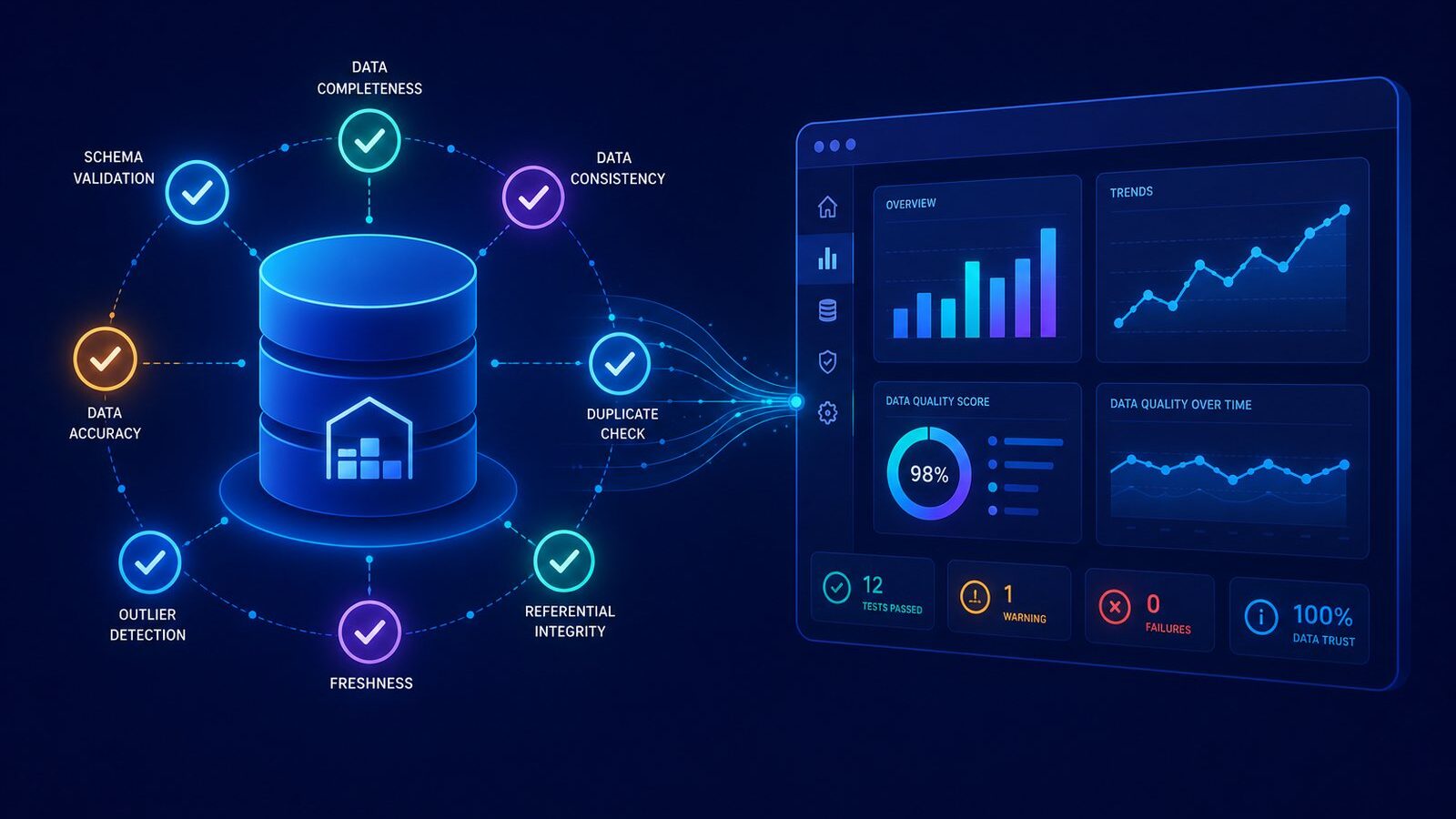 Illustration for the retail analytics warehouse project, showing a dbt and DuckDB ELT pipeline with automated data-quality tests
