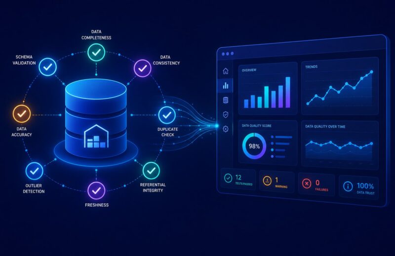 Illustration for the retail analytics warehouse project, showing a dbt and DuckDB ELT pipeline with automated data-quality tests