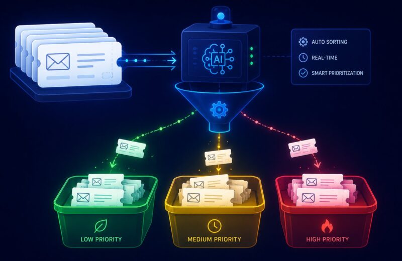 Illustration for the support ticket triage platform project, showing a Gradio interface predicting ticket category and priority