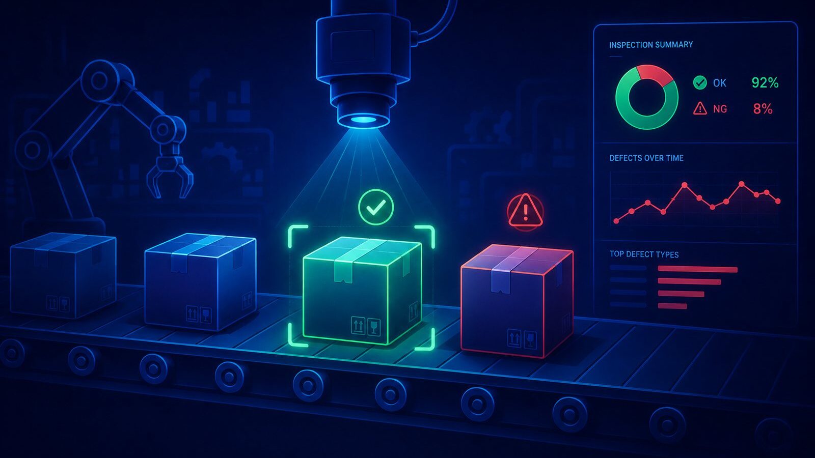 Illustration for the visual quality inspection project, showing automated defect detection using OpenCV feature extraction