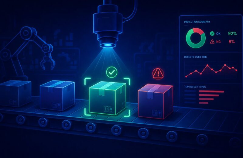 Illustration for the visual quality inspection project, showing automated defect detection using OpenCV feature extraction