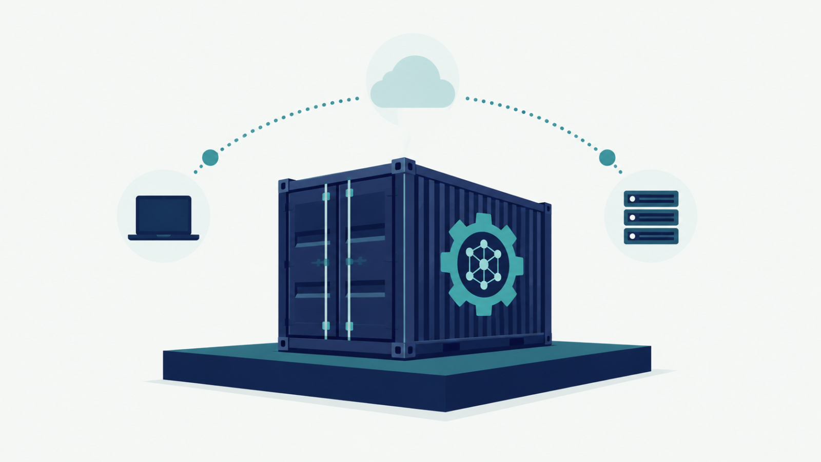 Illustration of a machine learning model packaged inside a shipping container, representing containerization