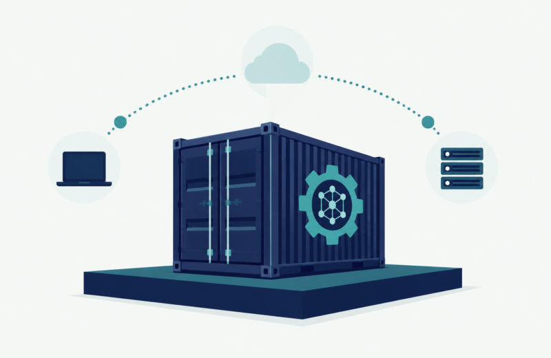 Illustration of a machine learning model packaged inside a shipping container, representing containerization