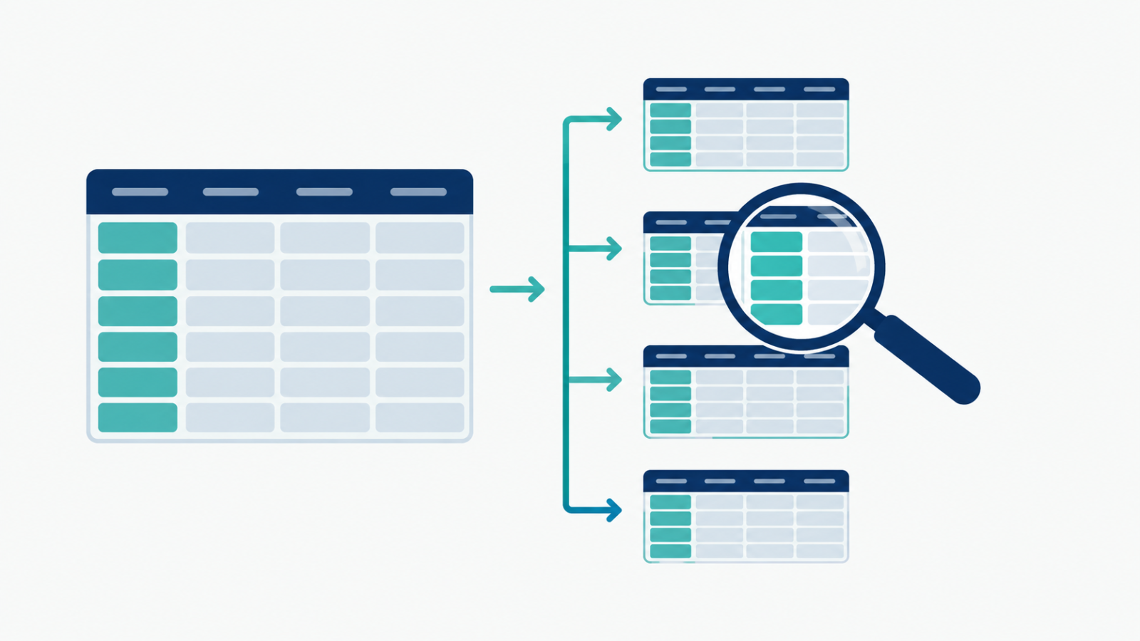 Illustration of a large data table split into smaller partitioned segments for faster queries