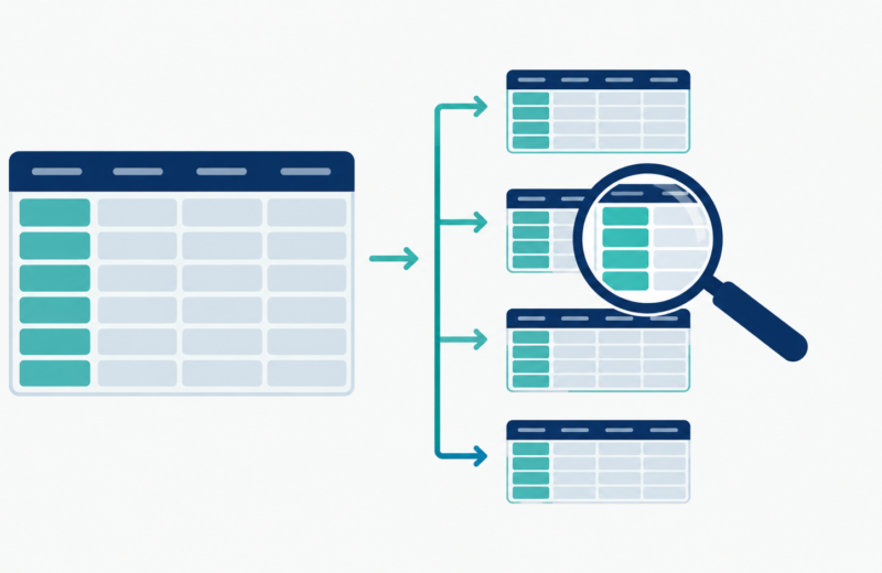 Illustration of a large data table split into smaller partitioned segments for faster queries