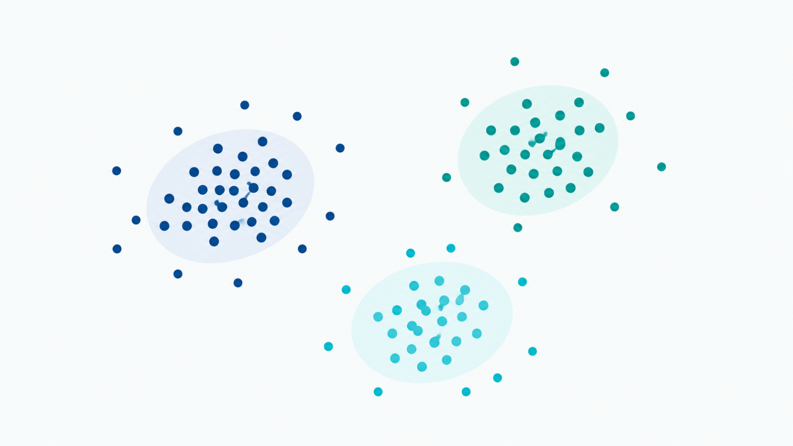 Illustration of unlabeled data points grouped into distinct clusters by an unsupervised algorithm