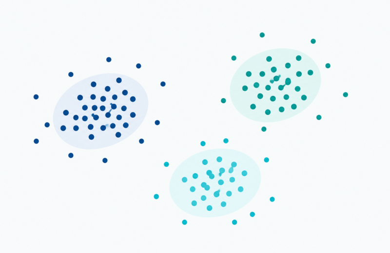 Illustration of unlabeled data points grouped into distinct clusters by an unsupervised algorithm