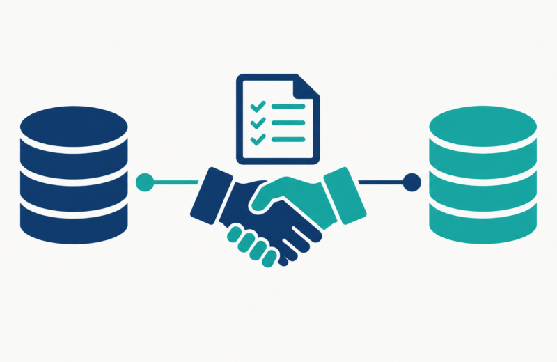 Illustration of a handshake between data producer and consumer systems representing a data contract