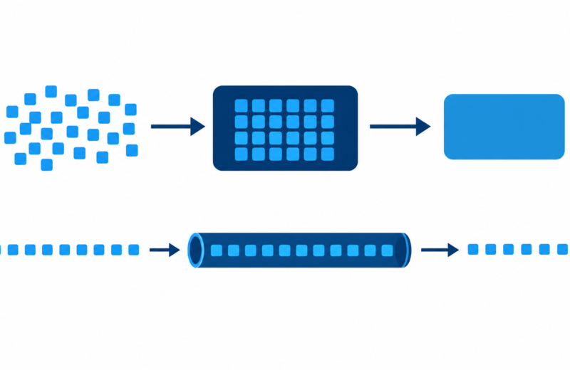 Two lanes comparing data collected into one block with data flowing one item at a time.
