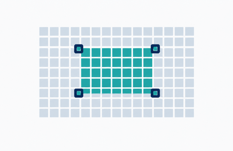Illustration of a pixel grid with a highlighted rectangular region and corner markers representing an integral image