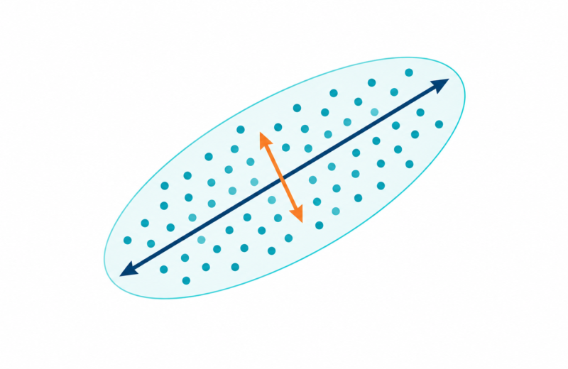 Scatter plot of correlated data points with two perpendicular arrows showing the first and second principal components