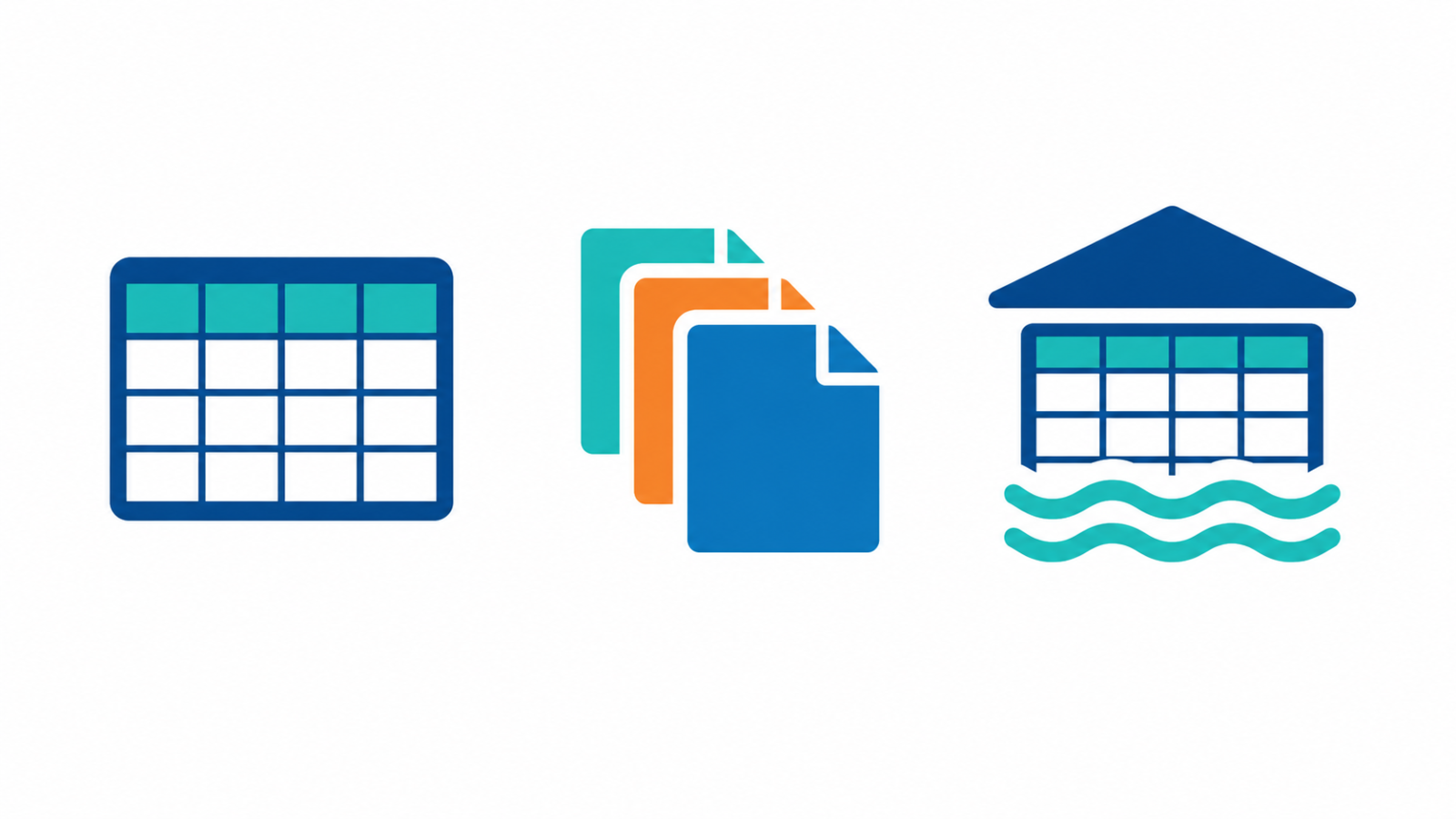 Three icons showing a table grid, a stack of files and a combined shape for warehouse, lake and lakehouse.