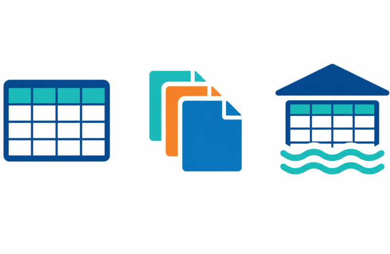 Three icons showing a table grid, a stack of files and a combined shape for warehouse, lake and lakehouse.