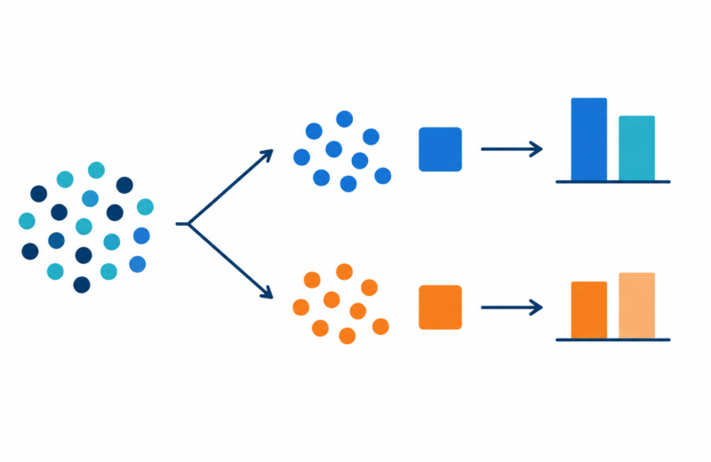 A group of users split at random into two equal groups with a bar showing each group’s result.