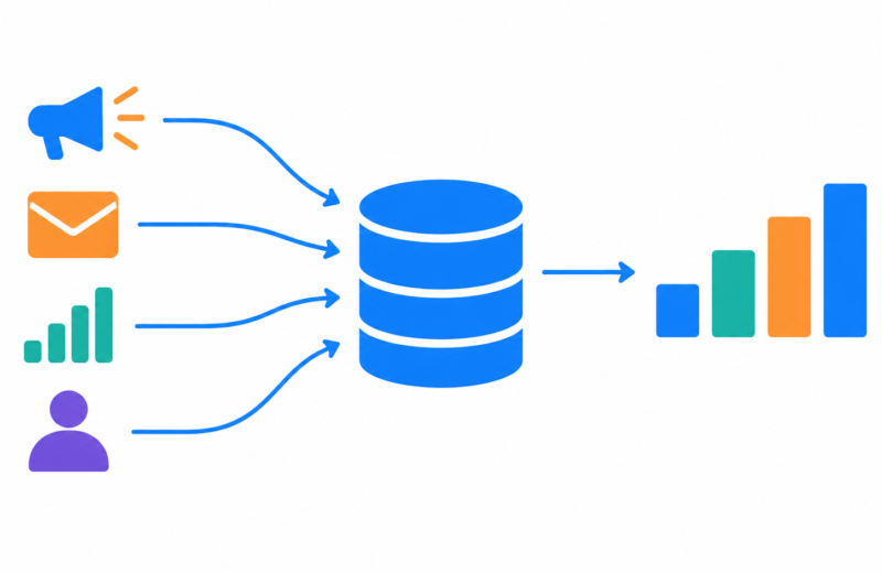 Four marketing data sources flowing into one central database and then into a bar chart.