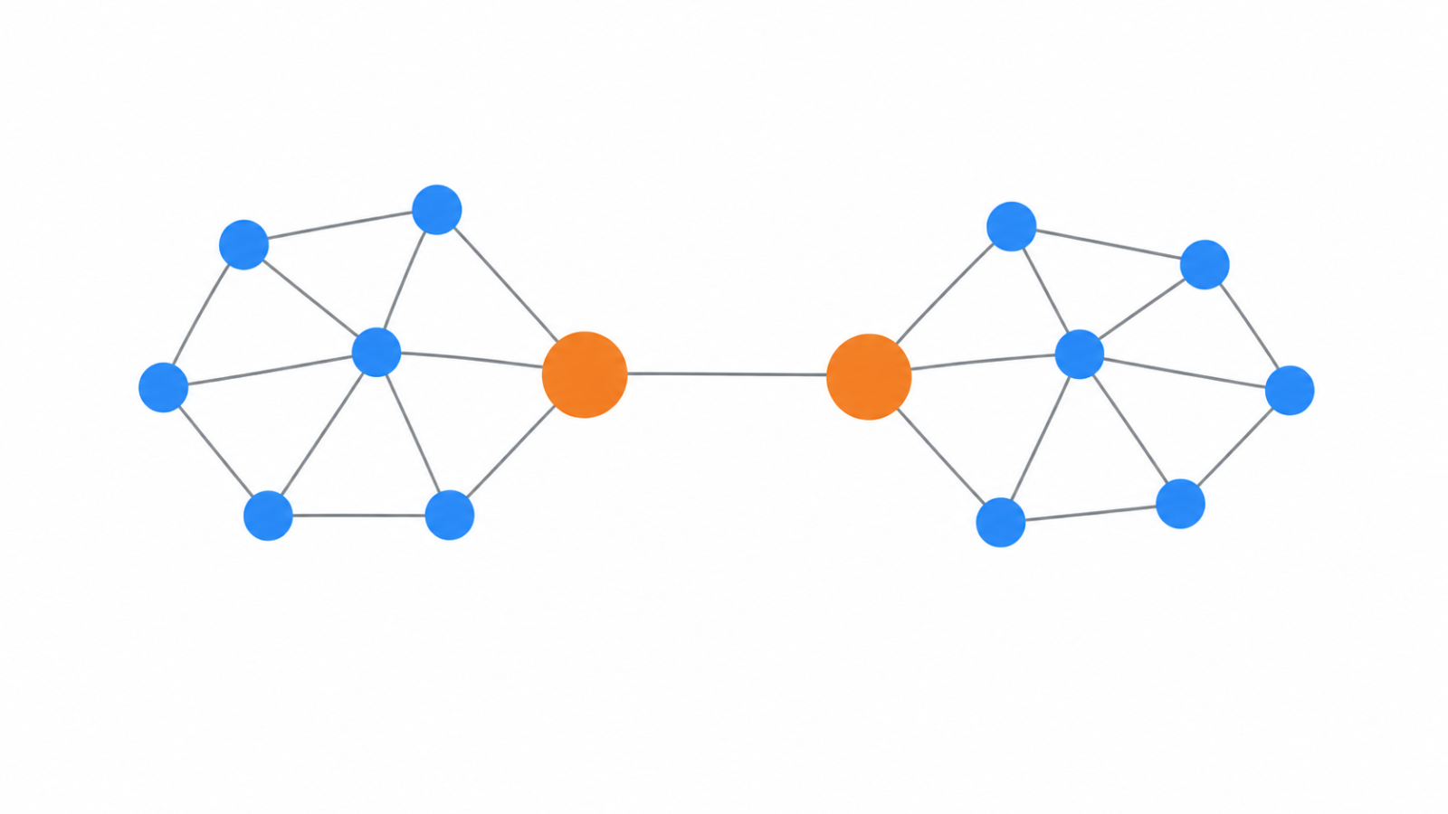 Network graph of two clusters of people joined by two highlighted bridge nodes.