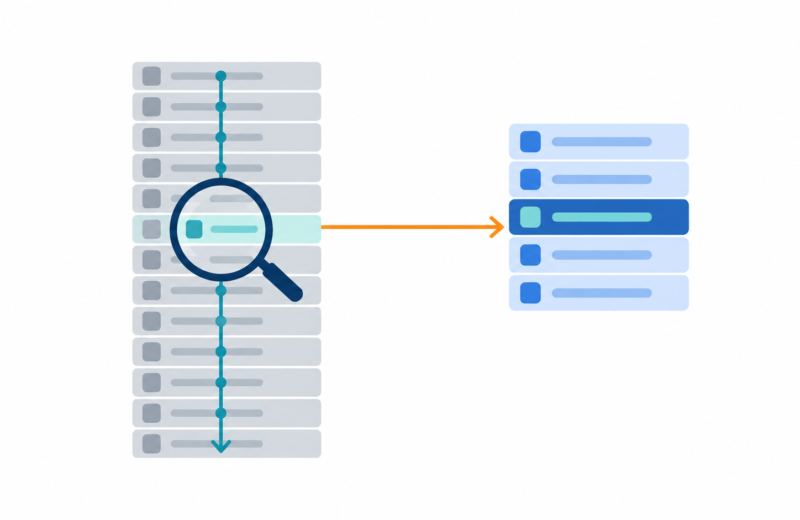 Diagram comparing a full table scan with a sorted index pointing straight to one row.