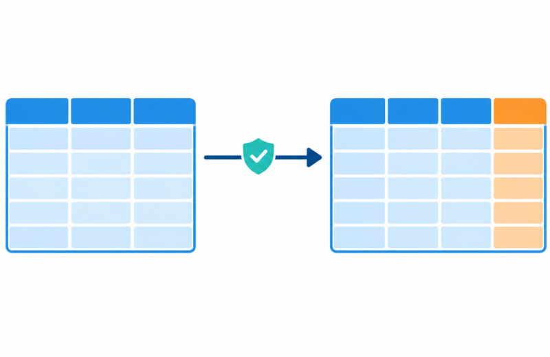 Two table grids showing a new column added to a dataset with a shield guarding the transfer.